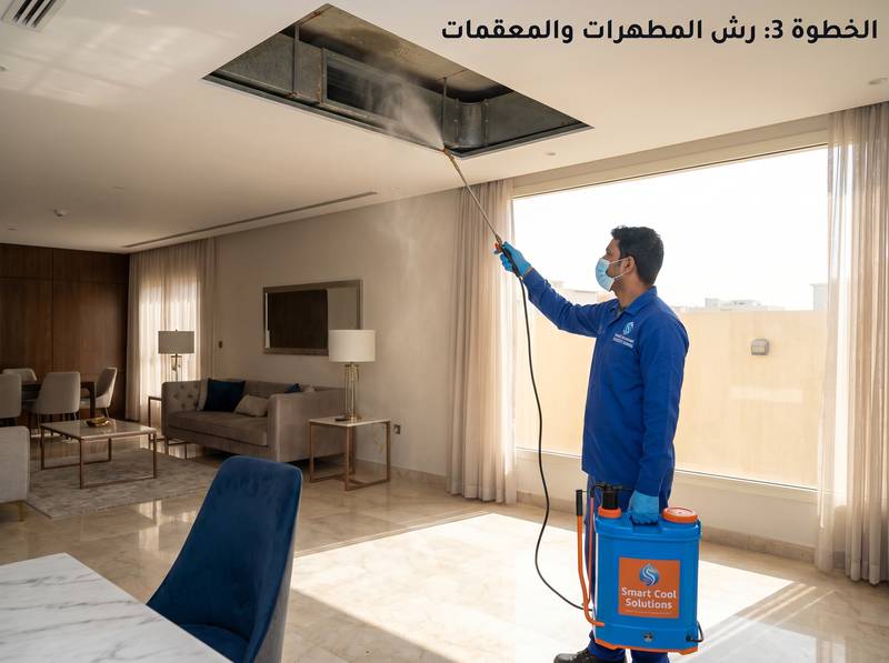 رش مطهرات ومعقمات داخل دكت المكيف - سمارت كول جدة